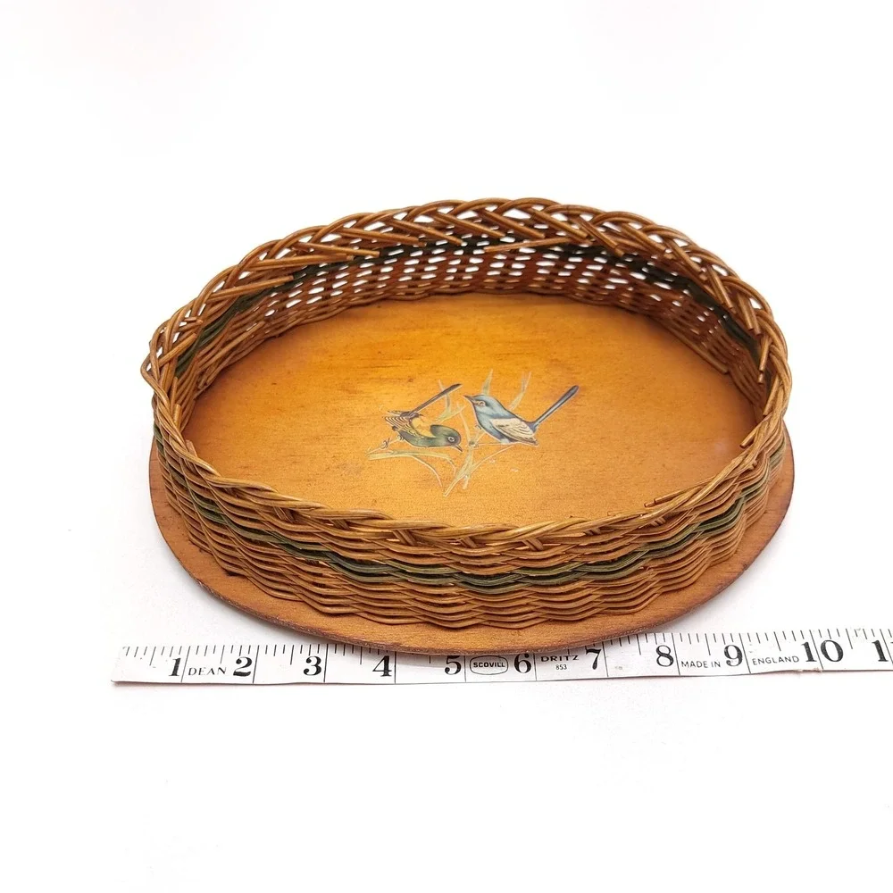Vintage Wicker Rattan Woven Basket Tray Song Bird Boho Farmhouse MCM 10